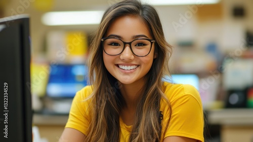 Smiling young Asian woman in glasses.