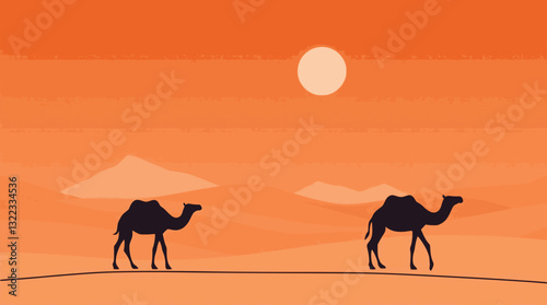 Outline illustration of a desert with camels minimal adventure travel vector design.