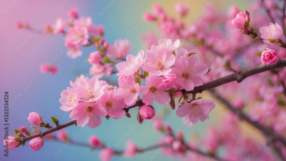Charming, tranquil springtime depiction Soft focus macro of pink blossoms on a branch set against a pastel background. Nature captured in ultra wide format.