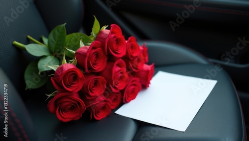 Red Roses and Blank Card Mockup on Car Seat. Romantic Message. Ideal for love letters mockups, romantic invitation templates, gift voucher designs, personalized greeting cards