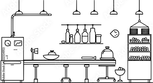 Outline illustration of a food processing plant minimal industrial production vector design.
