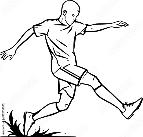 Outline illustration of a football player kicking a ball minimal sports vector design.