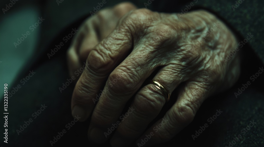 Fototapeta premium A hand, adorned with a simple ring, tells a story of time and life through its weathered texture, softly lit to highlight its journey.