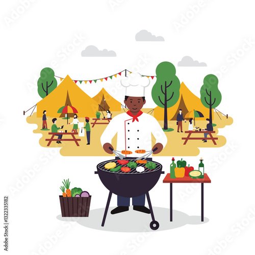 Chef grilling vegetables and meats at outdoor festival in flat vector art