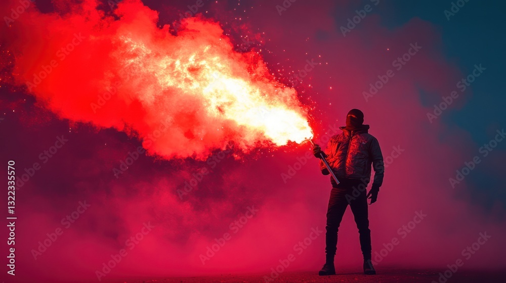 Fototapeta premium Masked person holding a fiery flare at night.