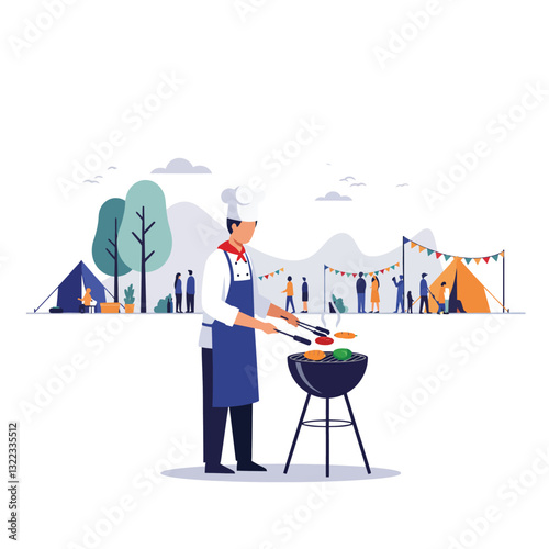 Chef grilling colorful vegetables at outdoor festival in flat vector illustration