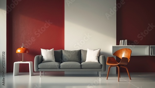Modern claret red wall feature with white background, grey sofa and cushions, white bookshelf, middle table, and orange lamp design, along with framed decor and chair.