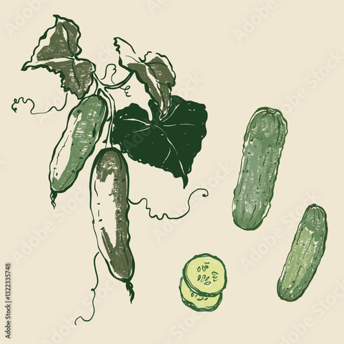 Vector vegetable doodle set of cucumbers. Hand-drawn garden harvest sketch with vintage texture. Organic farm graphics. Tasty food for design, veggie market drawing print, fabric and background.