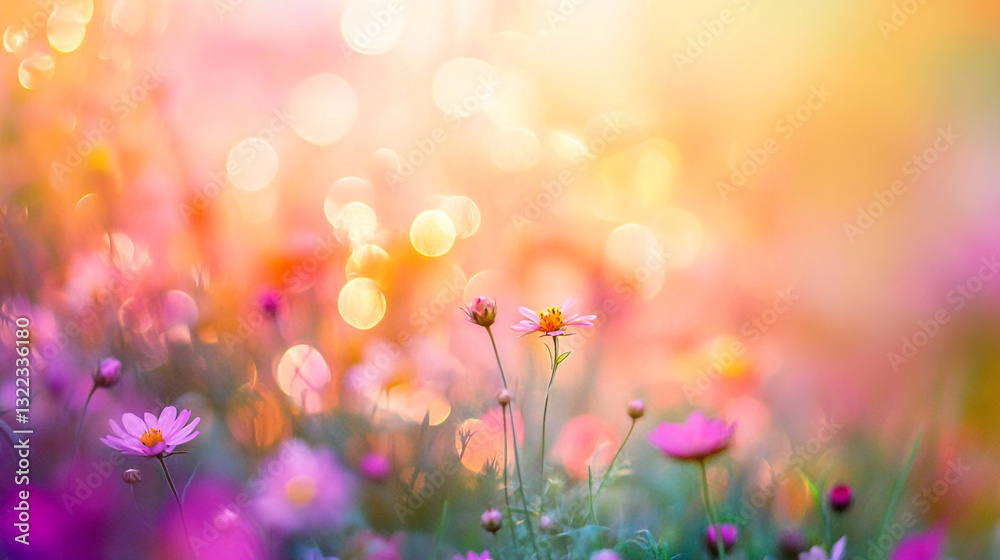 Fototapeta premium Soft pink cosmos flowers in a sunny meadow peaceful nature scene beautiful summer blossoms delicate