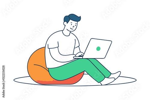 Remote Work Comfort. Man Sitting on Bean Bag with Laptop Vector Design