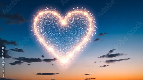 Sparkling heart shape illuminated in the twilight sky over a serene landscape at sunset