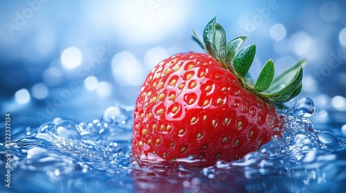 A juicy red strawberry bursts forth from the depths of cool, clear water, its vibrant form captured in a splash of crimson and blue.