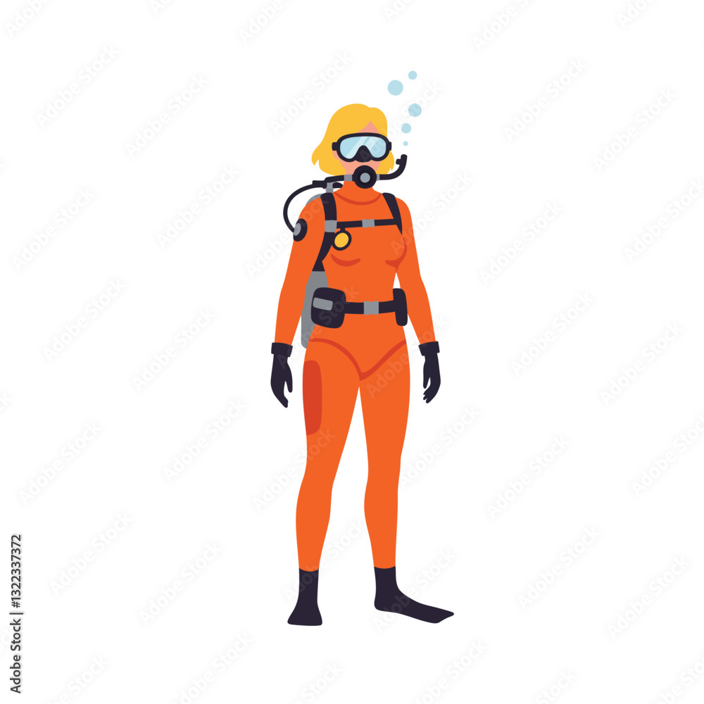 Scuba diver in orange wetsuit with breathing equipment detailed vector illustration Scuba diver in orange wetsuit with breathing equipment detailed vector illustration