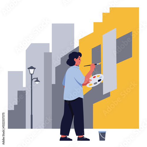 Artist creating vibrant mural with bright colors in flat vector art