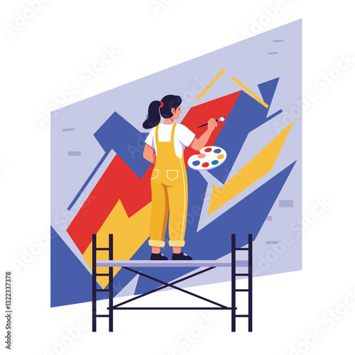 Artist creating vibrant mural with bright colors in flat vector art