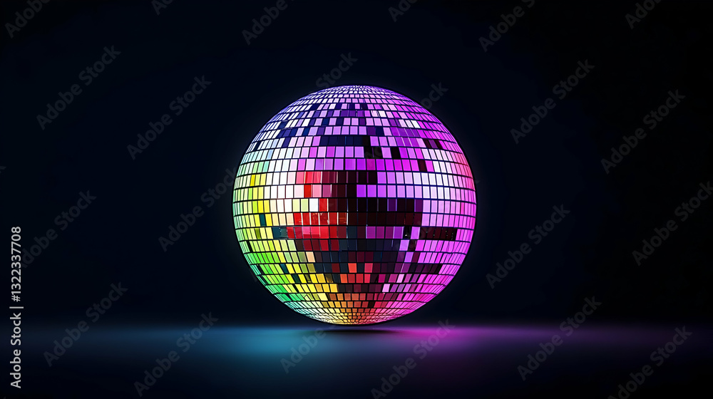 Obraz premium 3D Render of a Pixelated Multicolored Disco Ball Glowing In Dark Background with Iridescent Light and Shadow
