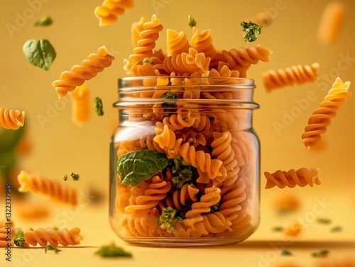 Pasta in a Jar: A close-up shot of a glass jar brimming with golden fusilli pasta, with some pieces scattered around. The vibrant yellow background enhances the pasta's texture.