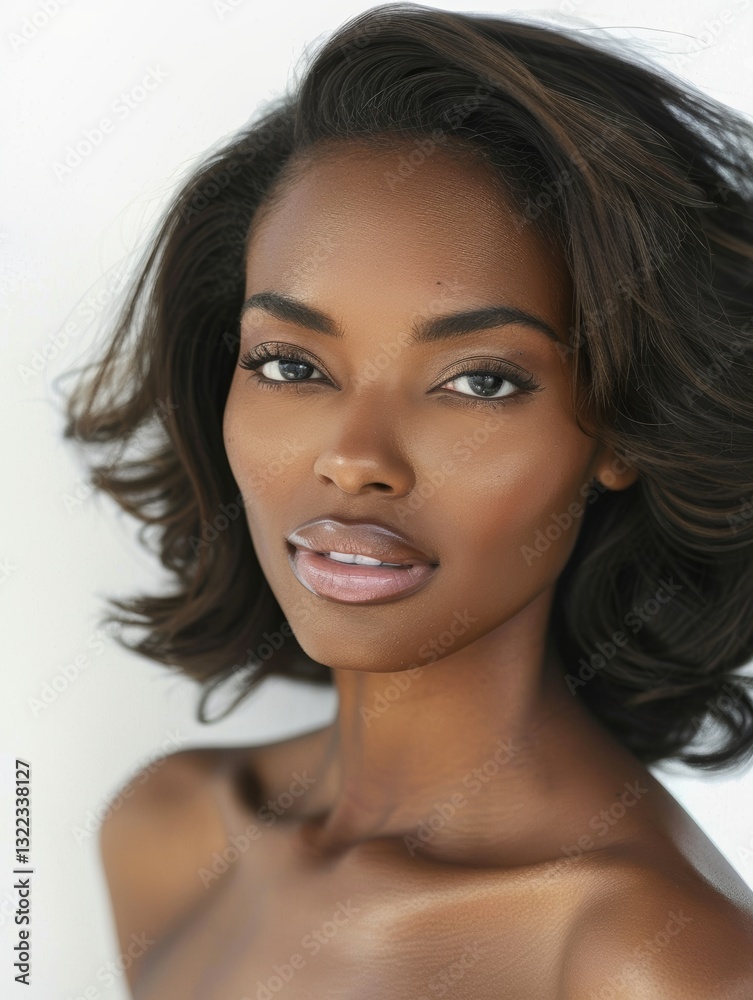 Obraz premium African American woman with sleek glossy hair and natural makeup