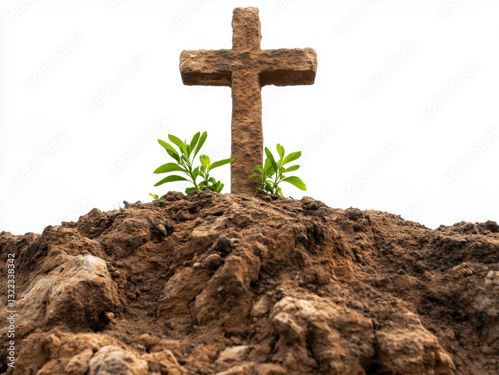 Sacred Ground: A stone cross stands atop a mound of earth with vibrant green shoots, symbolizing faith, hope, and spiritual growth.