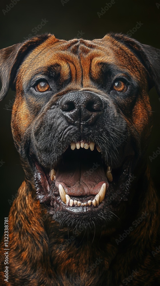 Obraz premium Aggressive Bullmastiff Dog in Hyperrealistic Clean Lines Image with Epic Lighting and Shadows