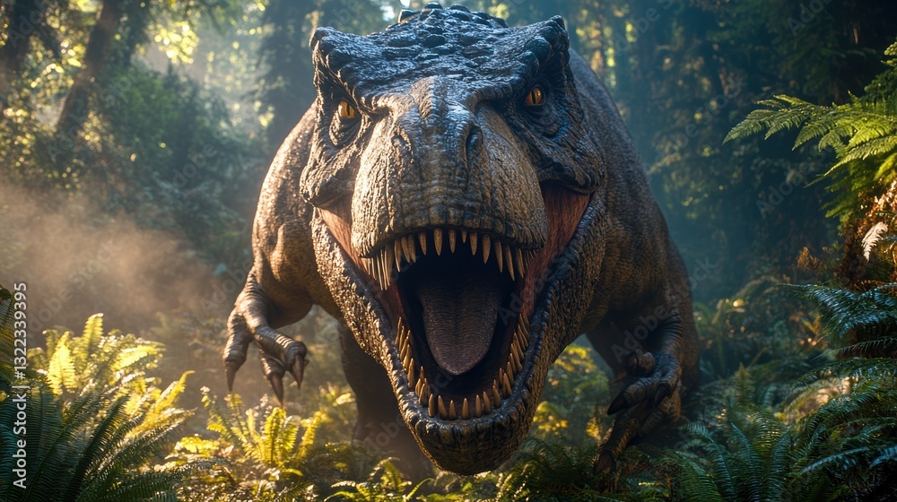 Fototapeta premium A colossal T-Rex, its silhouette a stark contrast to the vibrant backdrop of lush ferns, lunges forward with powerful strides, its jaws a gaping maw filled with razor-sharp teeth.
