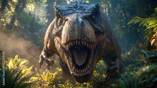 A colossal T-Rex, its silhouette a stark contrast to the vibrant backdrop of lush ferns, lunges forward with powerful strides, its jaws a gaping maw filled with razor-sharp teeth.