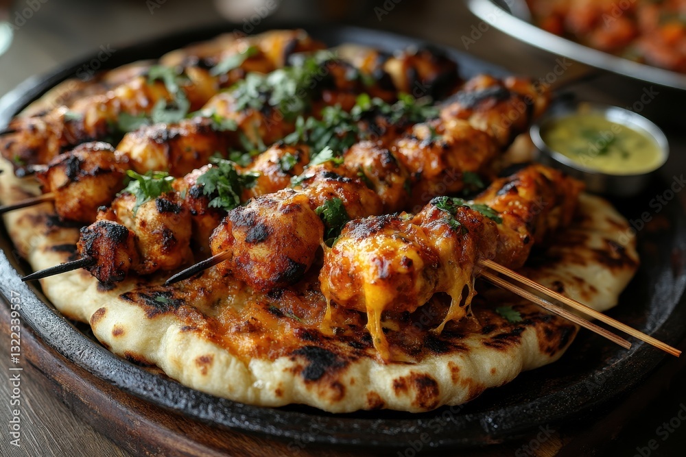 Savory kebabs served on a sizzling platter with side dishes in a cozy restaurant setting Savory kebabs served on a sizzling platter with side dishes in a cozy restaurant setting