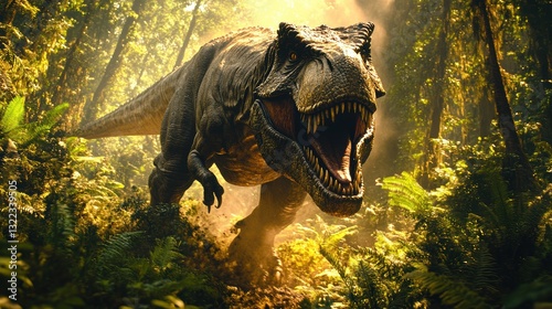 A colossal T-Rex, its silhouette a stark contrast to the vibrant backdrop of lush ferns, lunges forward with powerful strides, its jaws a gaping maw filled with razor-sharp teeth.