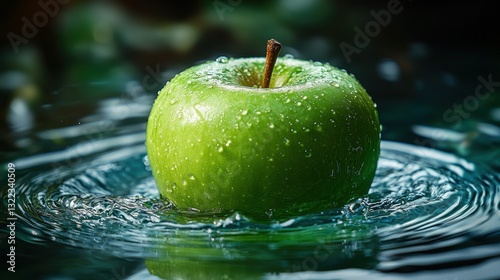 A juicy green apple, its vibrant hue glistening, plunges headfirst into a crystal-clear pool, creating ripples that cascade outwards, capturing the moment of impact in a side view that reveals the