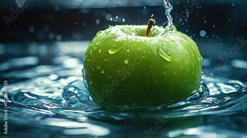 A juicy green apple, its vibrant hue glistening, plunges headfirst into a crystal-clear pool, creating ripples that cascade outwards, capturing the moment of impact in a side view that reveals the