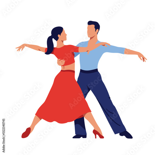 Couple dancing gracefully in stylish red dress and blue shirt flat vector art