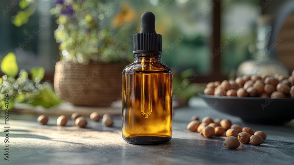 Argan oil and tree kernels showcasing moisturizing and skincare benefits with clean lines