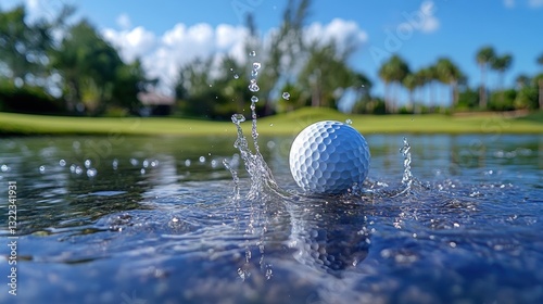 A crisp white golf ball, propelled by the golfer swing, arced through the air before plunging into the cool embrace of a crystal-clear pond, creating a majestic crown splash of water droplets. photo