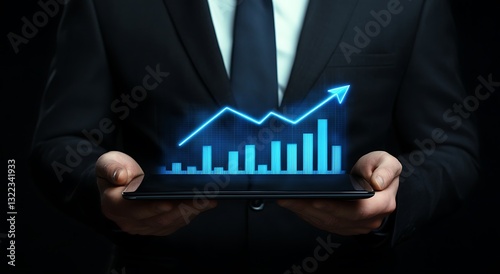 A businessman working on a laptop with a digital virtual graph and data, showcasing the concept of business technology. 