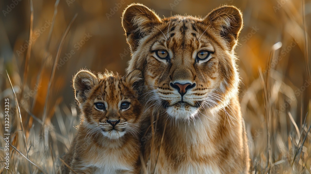 Obraz premium Lioness and cub in tall grass at sunset.