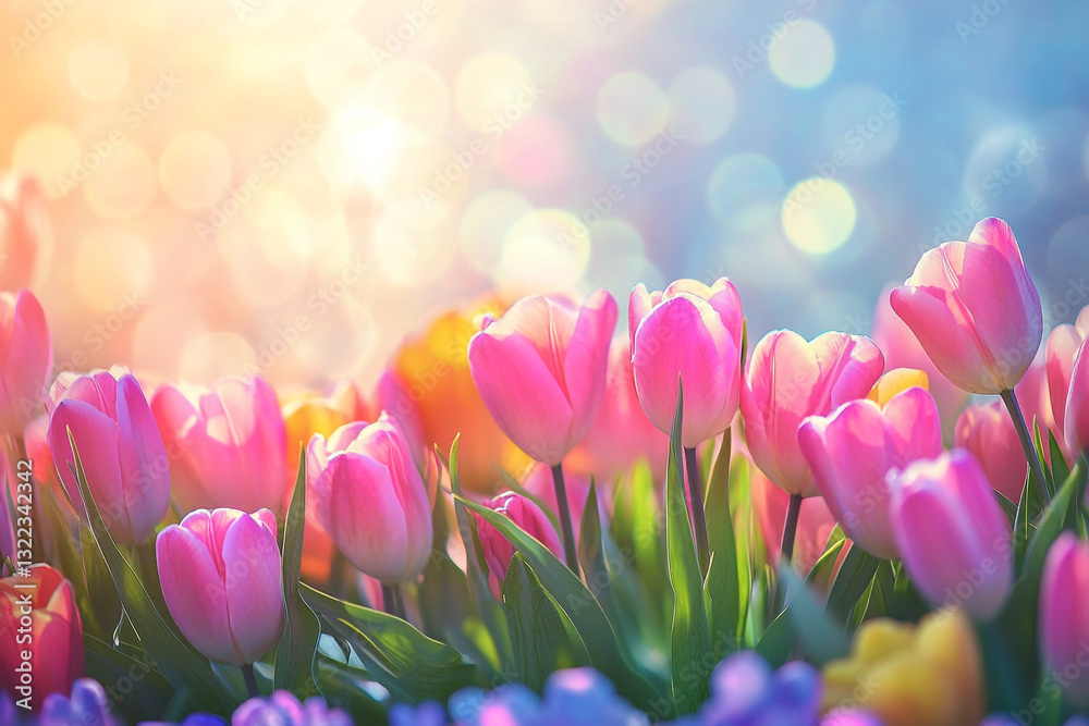 Obraz premium Beautiful pink tulips blooming in spring sunlight garden soft fresh macro field flora image photo