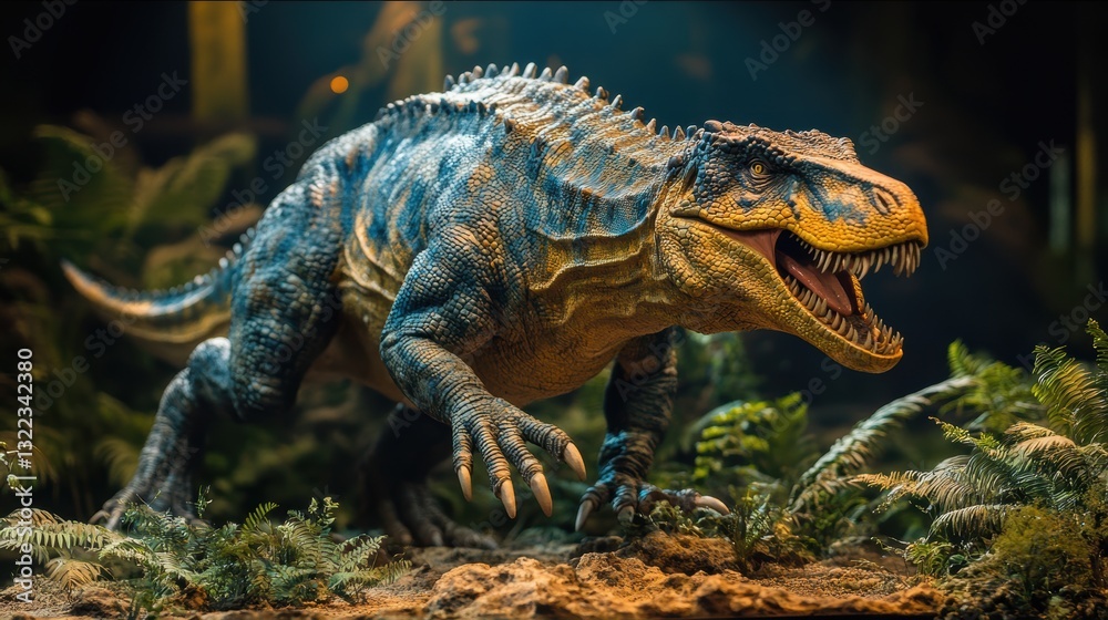 Obraz premium A meticulously detailed side view of a photorealistic Iguanodon Dinosaur, its massive jaws and sharp claws ready to strike, a testament to the grandeur of the prehistoric world.