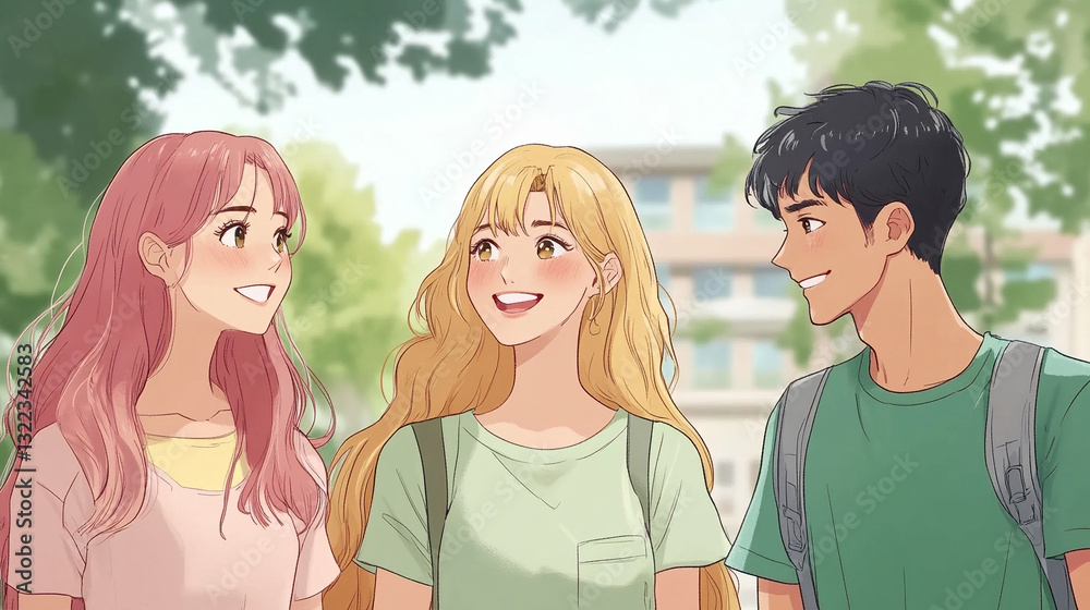 Japanese anime or manga style illustration of a group of teenager Japanese anime or manga style illustration of a group of teenager