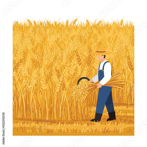 Farmer harvesting wheat in golden fields with flat, colorful design vector art
