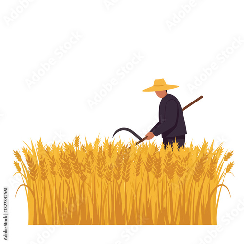 Farmer harvesting wheat in a detailed flat design vector illustration