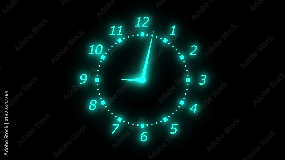 Analog counting down circle frame clock animation, Glowing clock animated, Neon clock icon animation cyan color glowing