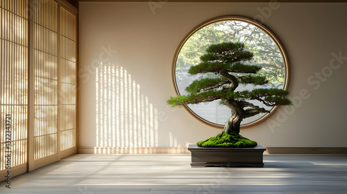 Serene Minimalist Interior With Bonsai Tree In Sunlight Peaceful Room With Round Window And Wood Floor Simple Zen Garden Japanese Style