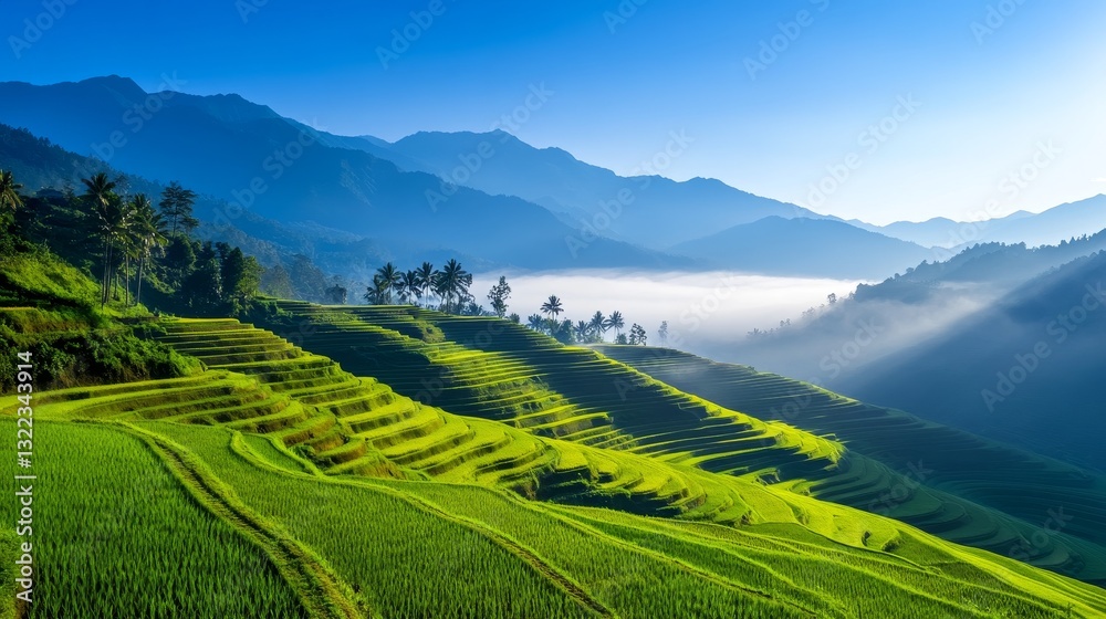Obraz premium Lush green terraced rice fields in a mountainous landscape under a clear blue sky at dawn