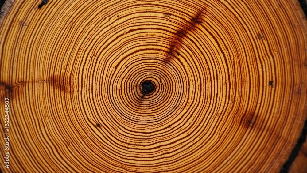 Fototapeta premium Old wooden oak tree cut surface. Detailed warm dark brown and orange hues of a felled tree trunk or stump. Rough organic texture of tree rings featuring a close-up of end grain.