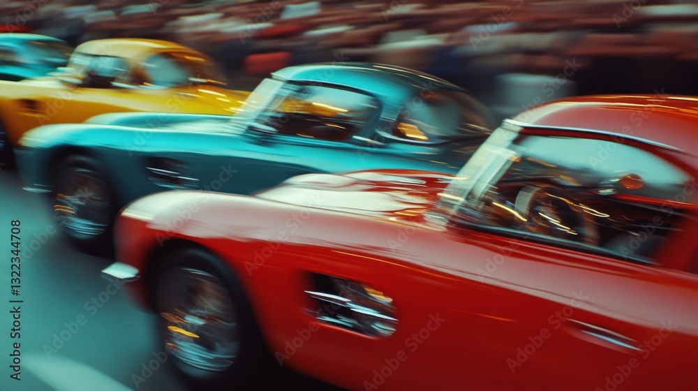 Classic cars blur past a crowded street, their vibrant colors capturing the rush and excitement of a bygone racing era. Classic cars blur past a crowded street, their vibrant colors capturing the rush and excitement of a bygone racing era.