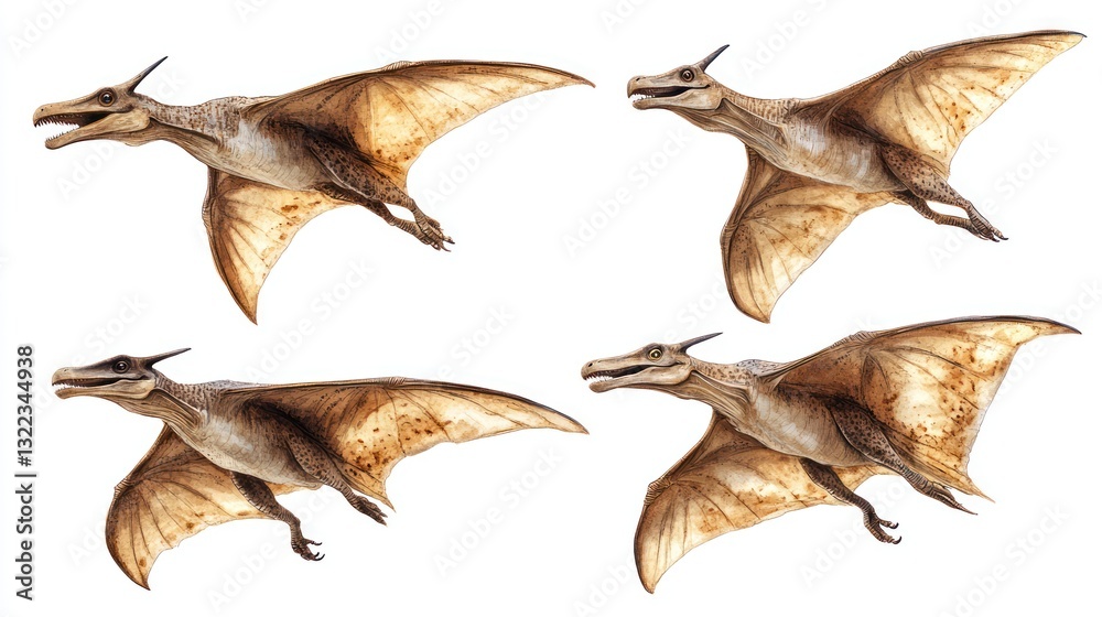 Fototapeta premium Four digital illustrations of a pterosaur in flight, showcasing different wing positions against a white background.