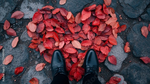 Autumn Leaves Forming Heart Shape on Ground with Woman's Feet in Black Shoes