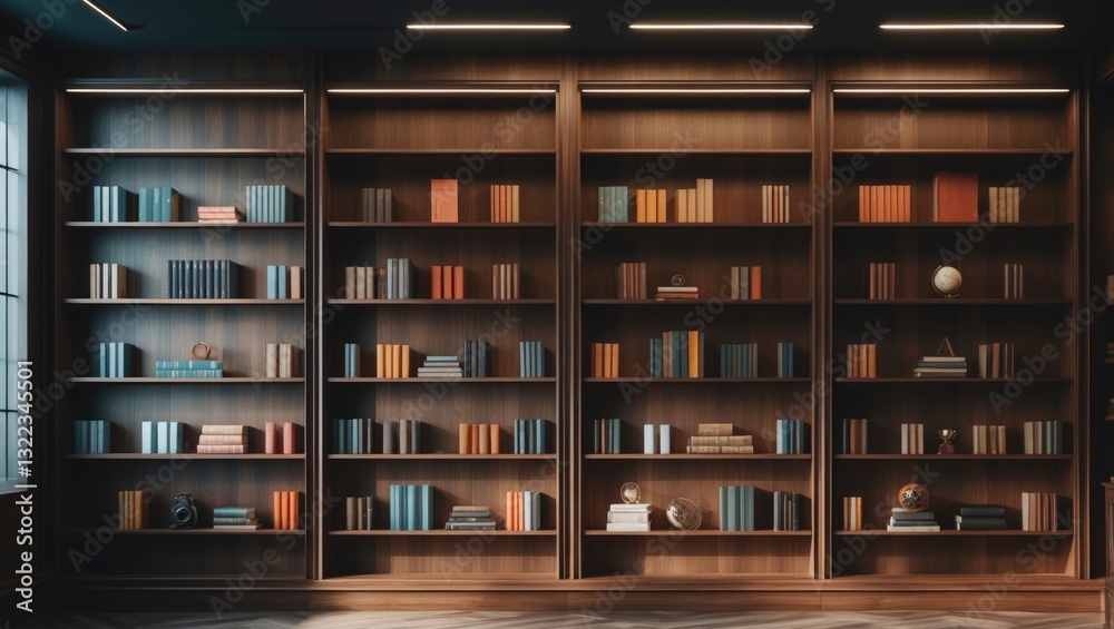 Modern bookstore wall display featuring a bookcase. Modern bookstore wall display featuring a bookcase.