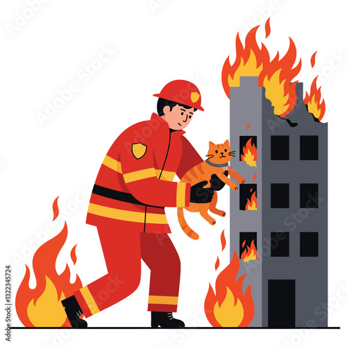 Firefighter rescuing a cat from a burning building in flat vector illustration