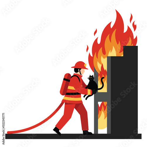 Firefighter rescuing a cat from flames in flat vector illustration